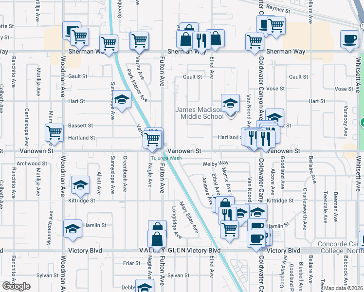 map of restaurants, bars, coffee shops, grocery stores, and more near 13211 Vanowen Street in Los Angeles