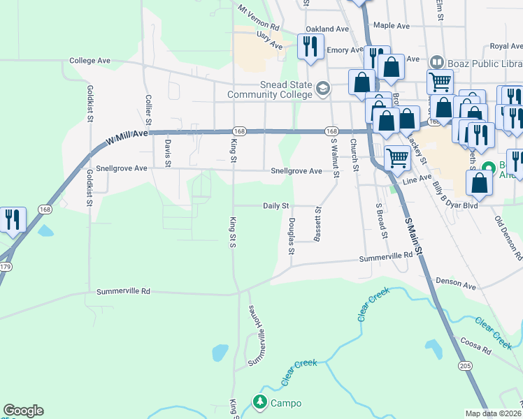 map of restaurants, bars, coffee shops, grocery stores, and more near 361 Daily Street in Boaz