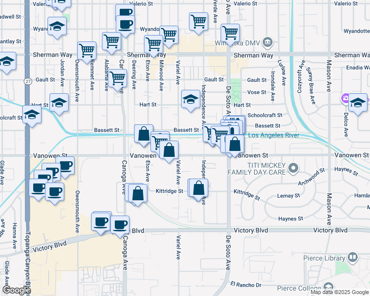 map of restaurants, bars, coffee shops, grocery stores, and more near 21045 Vanowen Street in Los Angeles