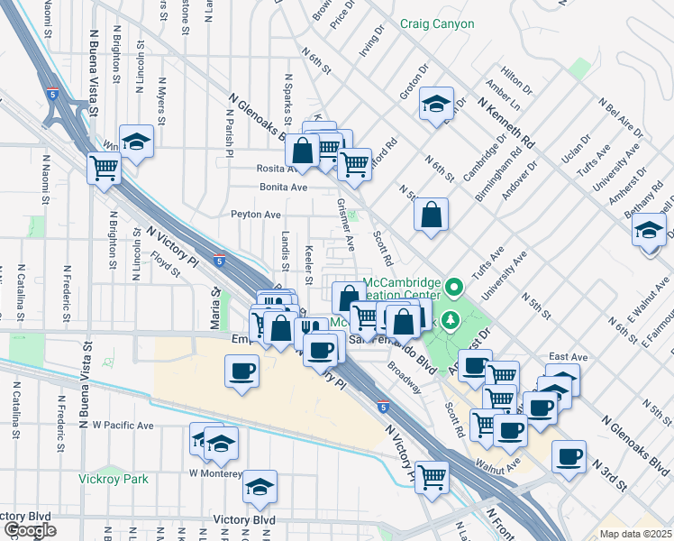 map of restaurants, bars, coffee shops, grocery stores, and more near 1723 Grismer Avenue in Burbank