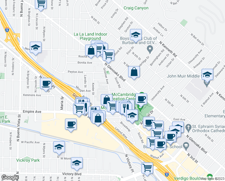 map of restaurants, bars, coffee shops, grocery stores, and more near 1711 Scott Road in Burbank