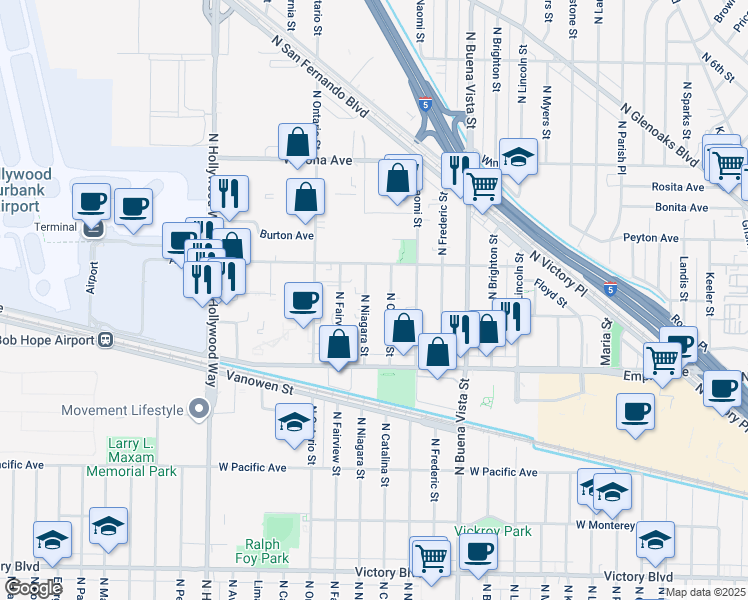 map of restaurants, bars, coffee shops, grocery stores, and more near 2305 North Niagara Street in Burbank