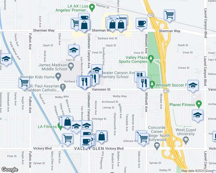 map of restaurants, bars, coffee shops, grocery stores, and more near 12755 Vanowen Street in Los Angeles