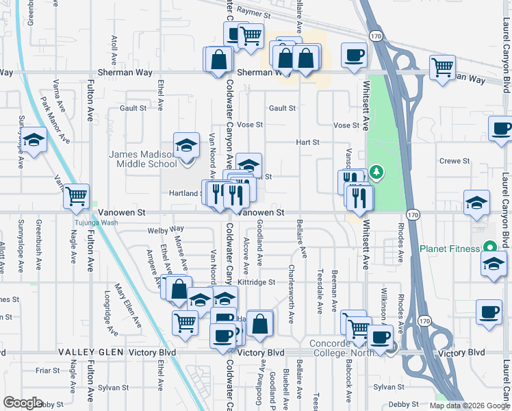 map of restaurants, bars, coffee shops, grocery stores, and more near 12755 Vanowen Street in Los Angeles