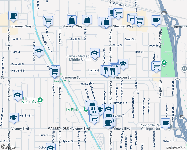 map of restaurants, bars, coffee shops, grocery stores, and more near 13043 Vanowen Street in Los Angeles