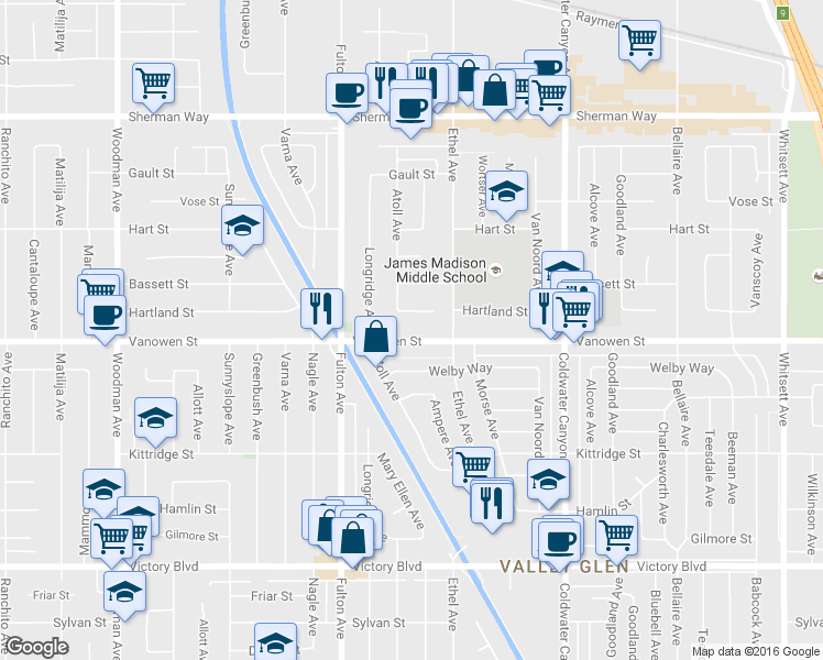 map of restaurants, bars, coffee shops, grocery stores, and more near 13205 Vanowen Street in Los Angeles