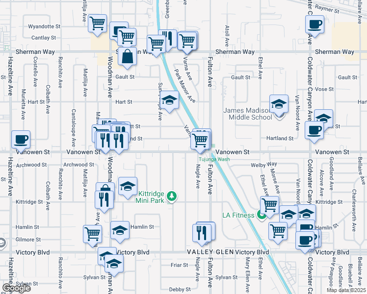 map of restaurants, bars, coffee shops, grocery stores, and more near 13417 Vanowen Street in Los Angeles
