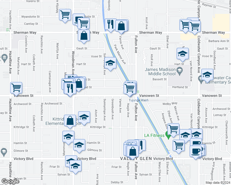 map of restaurants, bars, coffee shops, grocery stores, and more near 13417 Vanowen Street in Los Angeles