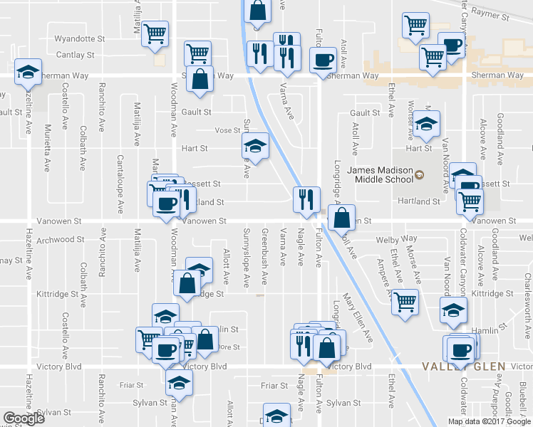 map of restaurants, bars, coffee shops, grocery stores, and more near 13417 Vanowen Street in Los Angeles