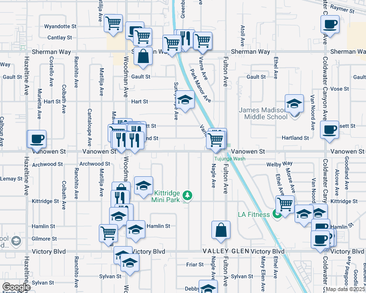 map of restaurants, bars, coffee shops, grocery stores, and more near 13457 Vanowen Street in Los Angeles