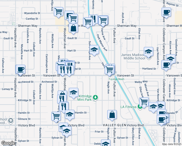 map of restaurants, bars, coffee shops, grocery stores, and more near 13457 Vanowen Street in Los Angeles
