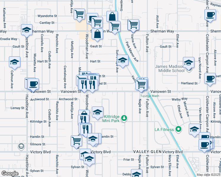 map of restaurants, bars, coffee shops, grocery stores, and more near 13540 Vanowen Street in Los Angeles