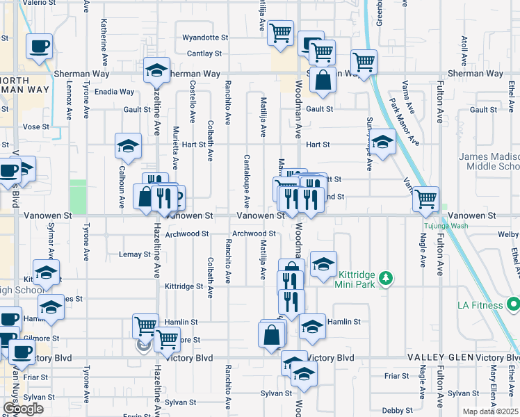map of restaurants, bars, coffee shops, grocery stores, and more near 13809 Vanowen Street in Los Angeles