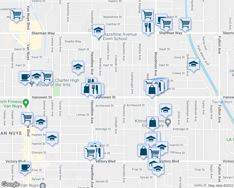 map of restaurants, bars, coffee shops, grocery stores, and more near 13942 Vanowen Street in Los Angeles