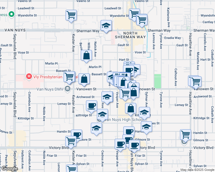map of restaurants, bars, coffee shops, grocery stores, and more near 14629 Vanowen Street in Los Angeles