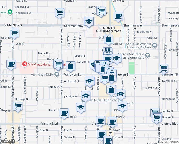 map of restaurants, bars, coffee shops, grocery stores, and more near 14629 Vanowen Street in Los Angeles