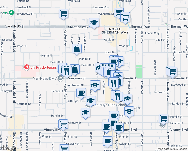 map of restaurants, bars, coffee shops, grocery stores, and more near 14629 Vanowen Street in Los Angeles