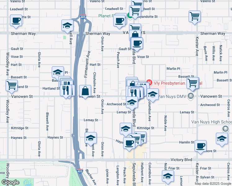 map of restaurants, bars, coffee shops, grocery stores, and more near 15405 Vanowen Street in Los Angeles