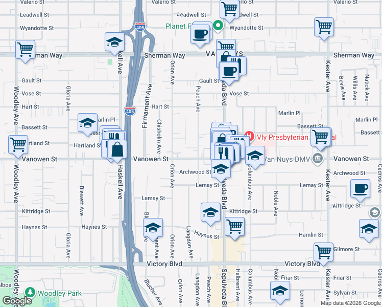 map of restaurants, bars, coffee shops, grocery stores, and more near 15405 Vanowen Street in Los Angeles