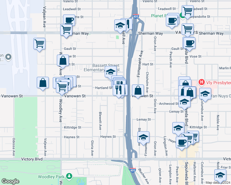 map of restaurants, bars, coffee shops, grocery stores, and more near 15727 Vanowen Street in Los Angeles