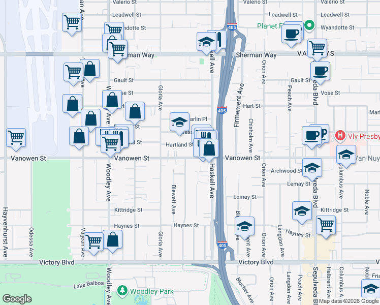 map of restaurants, bars, coffee shops, grocery stores, and more near 15749 Vanowen Street in Los Angeles