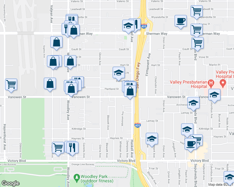 map of restaurants, bars, coffee shops, grocery stores, and more near 15819 Vanowen Street in Los Angeles