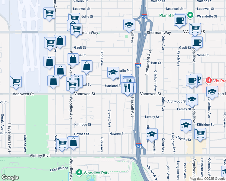 map of restaurants, bars, coffee shops, grocery stores, and more near 15819 Vanowen Street in Los Angeles