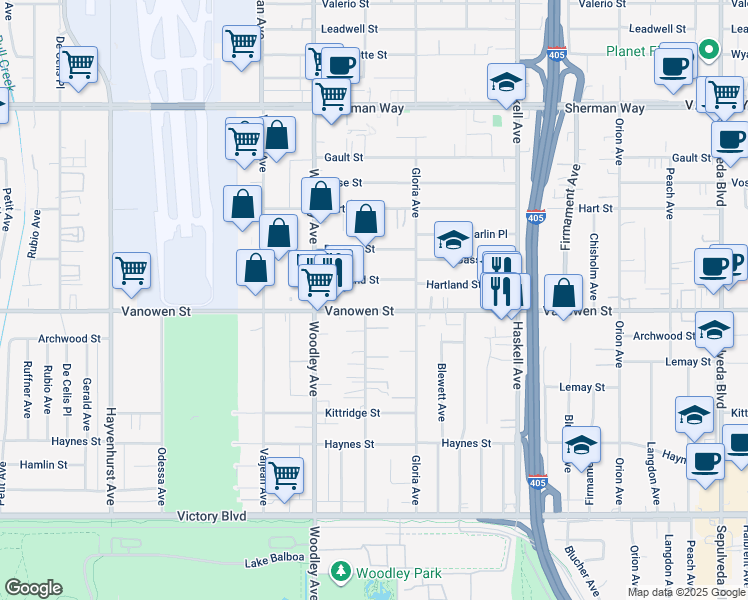 map of restaurants, bars, coffee shops, grocery stores, and more near 15935 Vanowen Street in Los Angeles