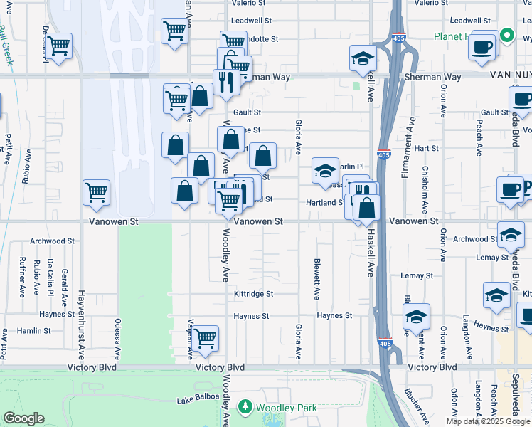 map of restaurants, bars, coffee shops, grocery stores, and more near 16019 Vanowen Street in Los Angeles