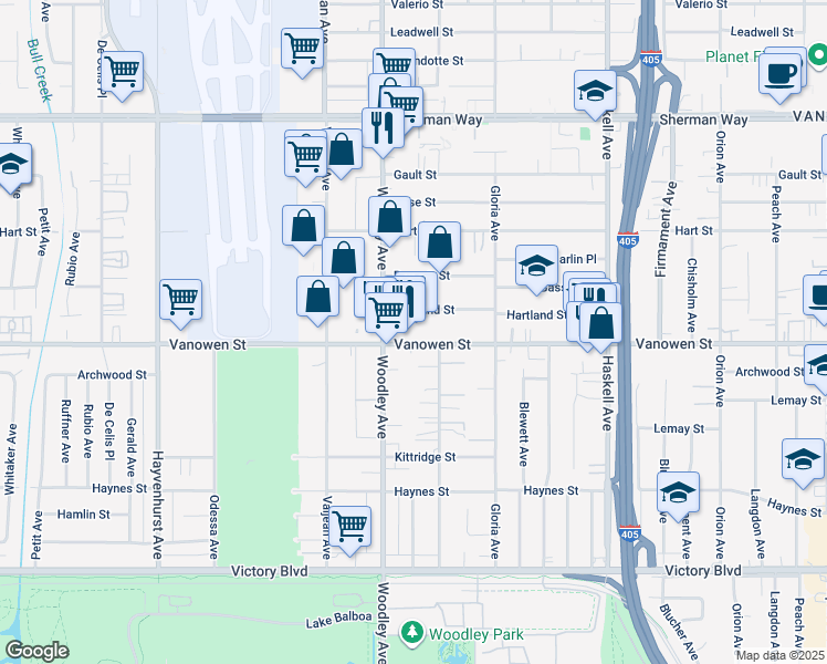 map of restaurants, bars, coffee shops, grocery stores, and more near 16019 Vanowen Street in Los Angeles