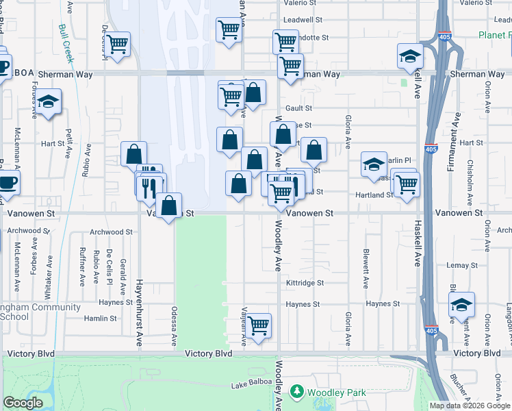 map of restaurants, bars, coffee shops, grocery stores, and more near 16135 Vanowen Street in Los Angeles
