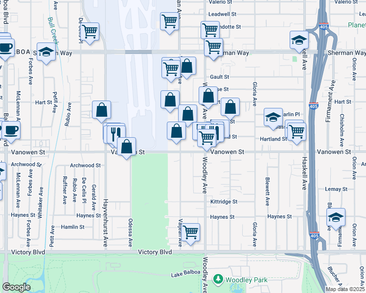map of restaurants, bars, coffee shops, grocery stores, and more near 16145 Vanowen Street in Los Angeles