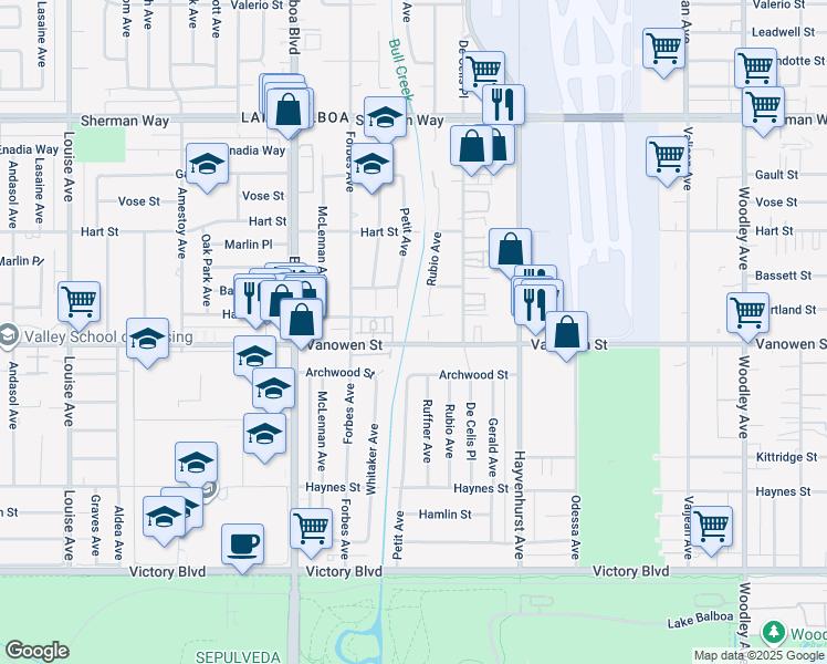 map of restaurants, bars, coffee shops, grocery stores, and more near 16655 Vanowen Street in Los Angeles