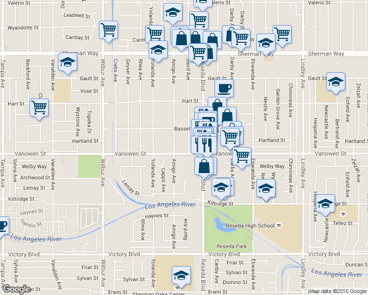 map of restaurants, bars, coffee shops, grocery stores, and more near 6809 Baird Avenue in Los Angeles