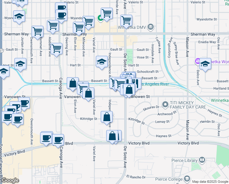 map of restaurants, bars, coffee shops, grocery stores, and more near 20935 Vanowen Street in Los Angeles