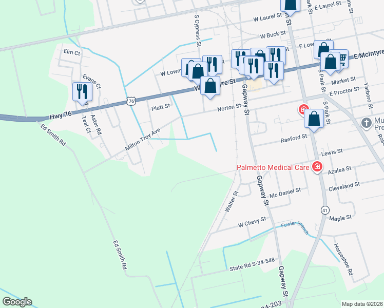 map of restaurants, bars, coffee shops, grocery stores, and more near Martin Road in Mullins