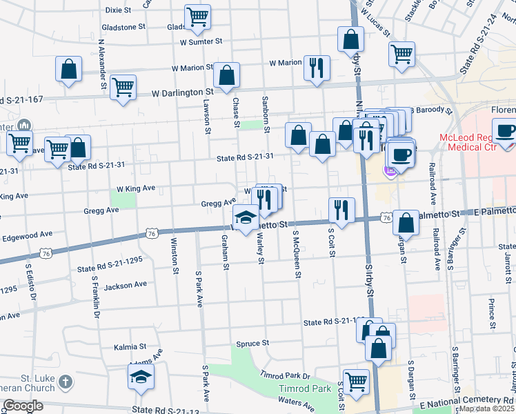 map of restaurants, bars, coffee shops, grocery stores, and more near 256 State Road S-21-547 in Florence