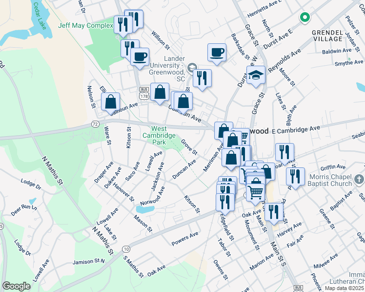 map of restaurants, bars, coffee shops, grocery stores, and more near 202 Andrews Avenue in Greenwood