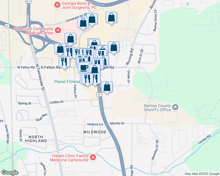 map of restaurants, bars, coffee shops, grocery stores, and more near 9 Latimer Road in Cartersville