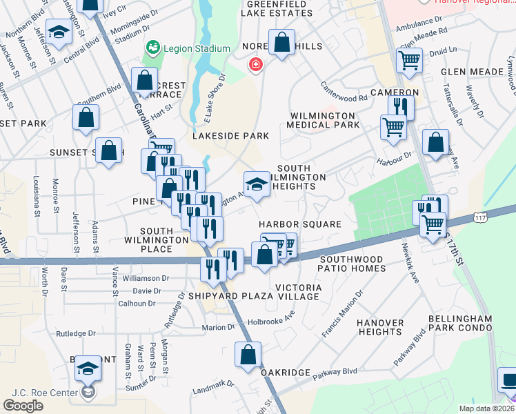 map of restaurants, bars, coffee shops, grocery stores, and more near 2401 Wonder Way in Wilmington