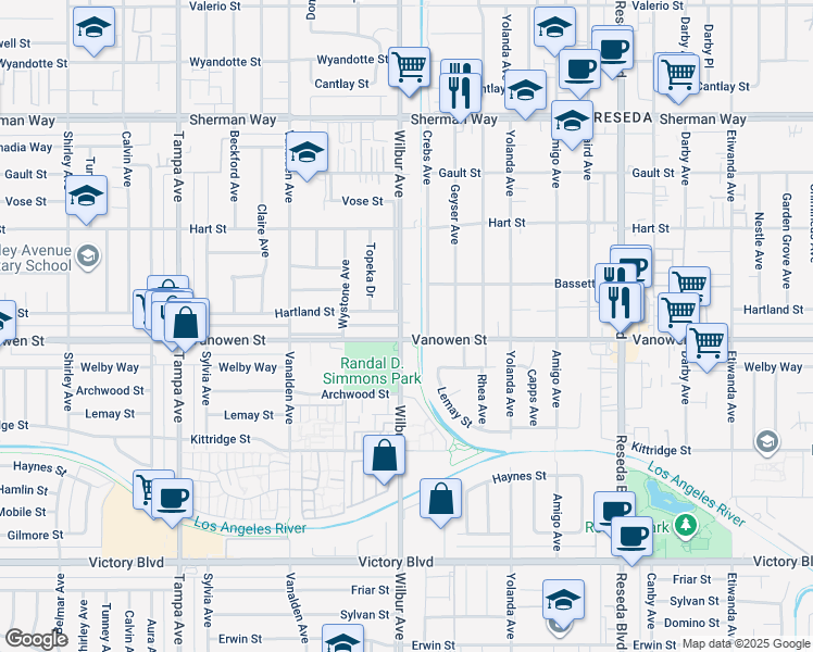 map of restaurants, bars, coffee shops, grocery stores, and more near 18855 Vanowen Street in Los Angeles