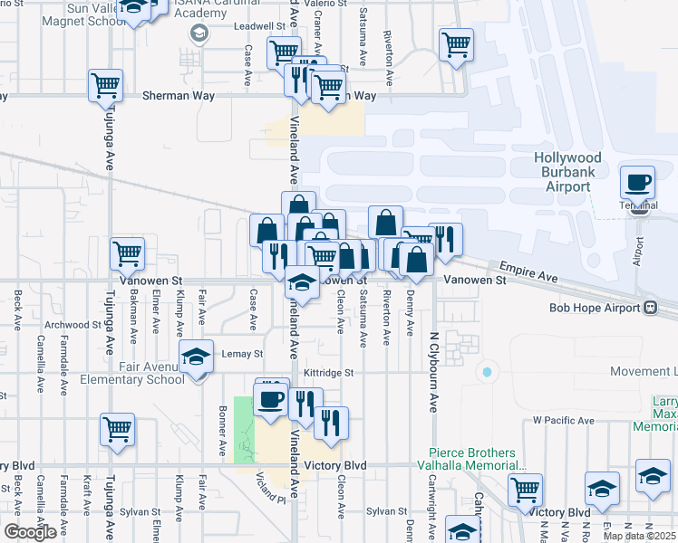 map of restaurants, bars, coffee shops, grocery stores, and more near 10901 Vanowen Street in Los Angeles