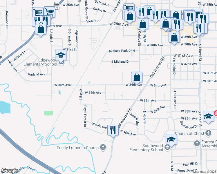 map of restaurants, bars, coffee shops, grocery stores, and more near 3450 West 34th Avenue in Pine Bluff