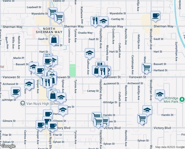 map of restaurants, bars, coffee shops, grocery stores, and more near 14147 Vanowen Street in Los Angeles