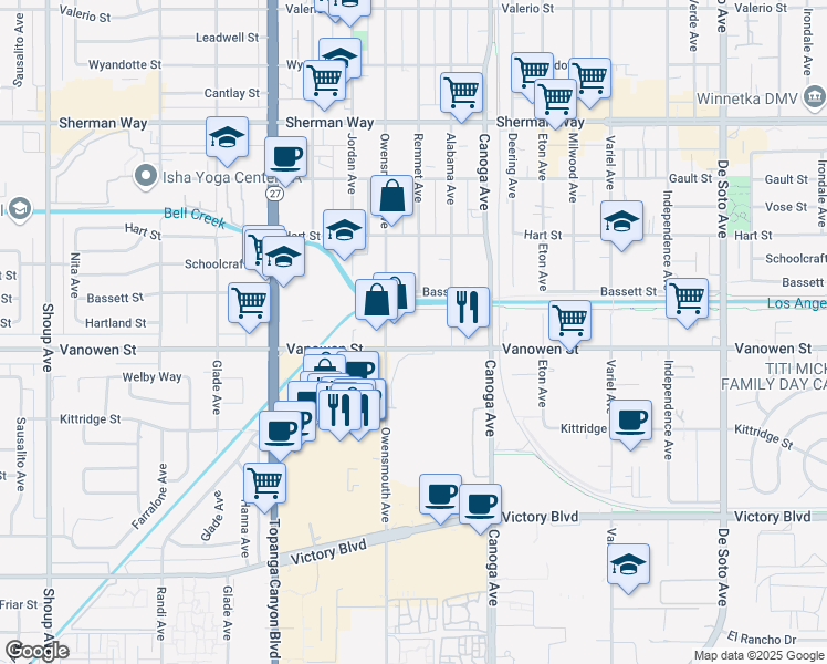 map of restaurants, bars, coffee shops, grocery stores, and more near 6815 Remmet Avenue in Los Angeles