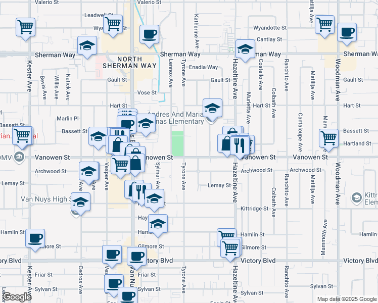map of restaurants, bars, coffee shops, grocery stores, and more near 14307 Vanowen Street in Los Angeles