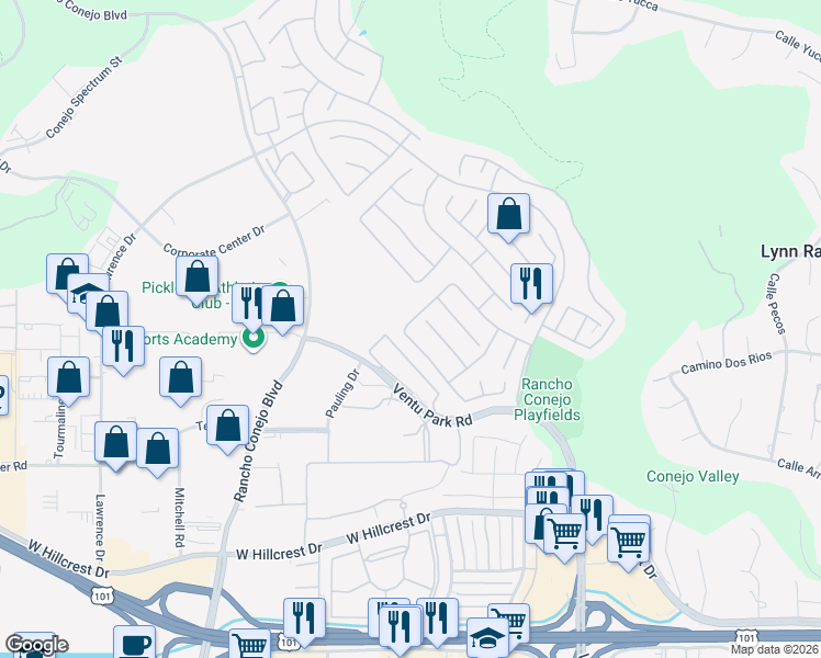 map of restaurants, bars, coffee shops, grocery stores, and more near 1768 Fox Springs Circle in Thousand Oaks