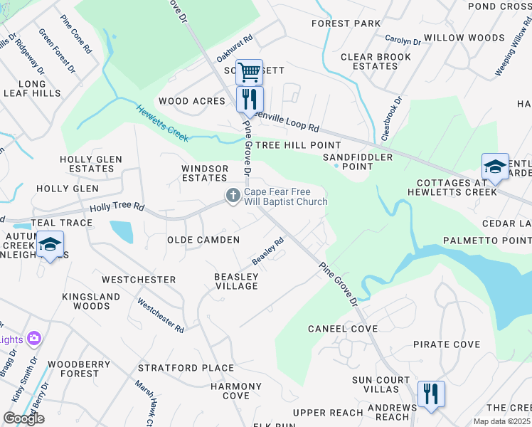 map of restaurants, bars, coffee shops, grocery stores, and more near 1036 Pine Grove Drive in Wilmington