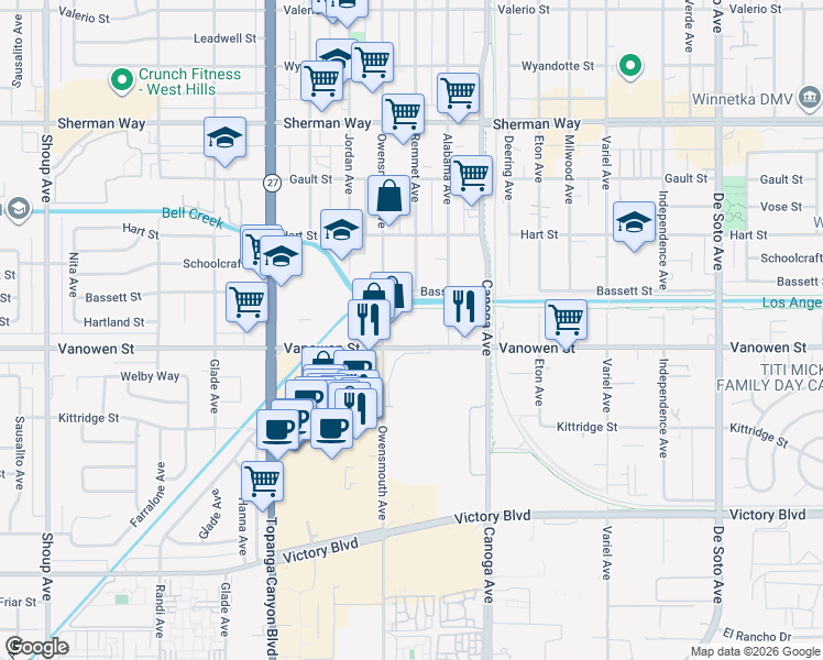map of restaurants, bars, coffee shops, grocery stores, and more near 21601 Vanowen Street in Los Angeles