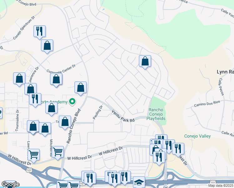 map of restaurants, bars, coffee shops, grocery stores, and more near 1767 Fox Springs Circle in Thousand Oaks